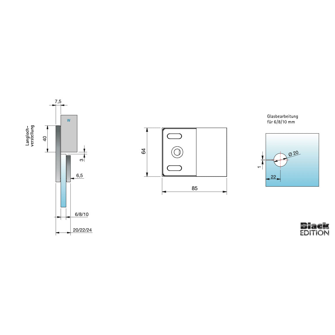 Flamea+ Linea glasklem wand/glas 180° - 8193M1 - Technische Tekening