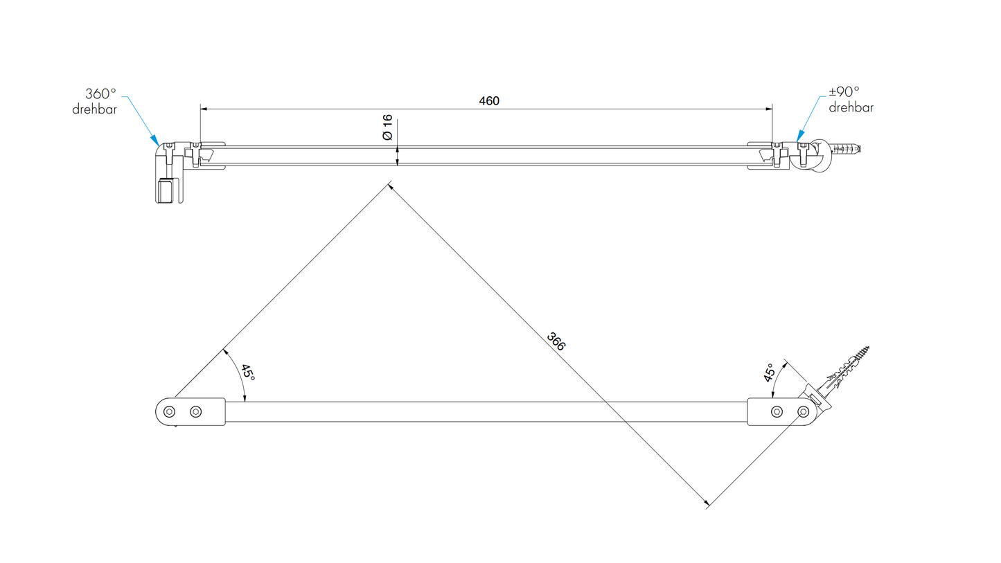 Stabilisatiestang set glas-wand 45° 460 mm - 8746 - Technische Tekening