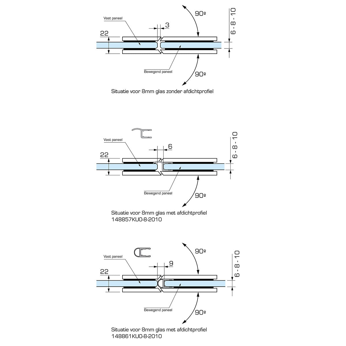 Flamea+ douchescharnier glas/glas 180° - 8132 - Technische Tekening