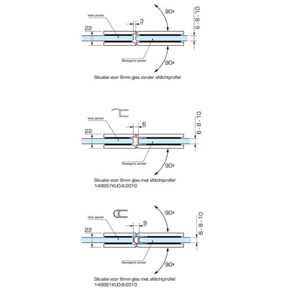 Flamea+ douchescharnier glas/glas 180° - 8132 - Technische Tekening
