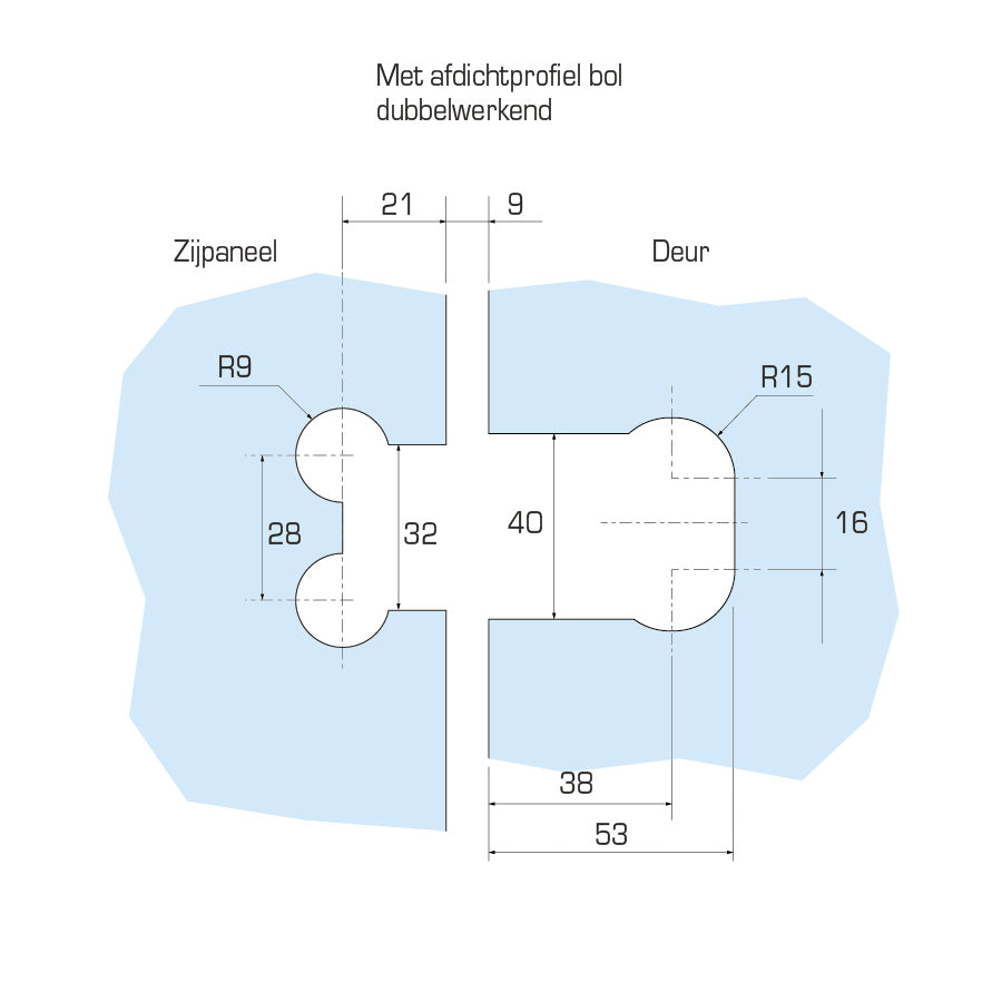 Flamea douchescharnier glas/glas 180° - 8182 - Sparing met afdichtprofiel bol dubbelwerkend