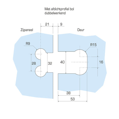 Flamea douchescharnier glas/glas 180° - 8182 - Sparing met afdichtprofiel bol dubbelwerkend