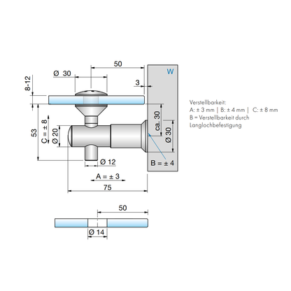 Vivere2 Glashouder Wand Montage 90°, Verhoogd, Verstelbaar - 7772VA - Technische Tekening