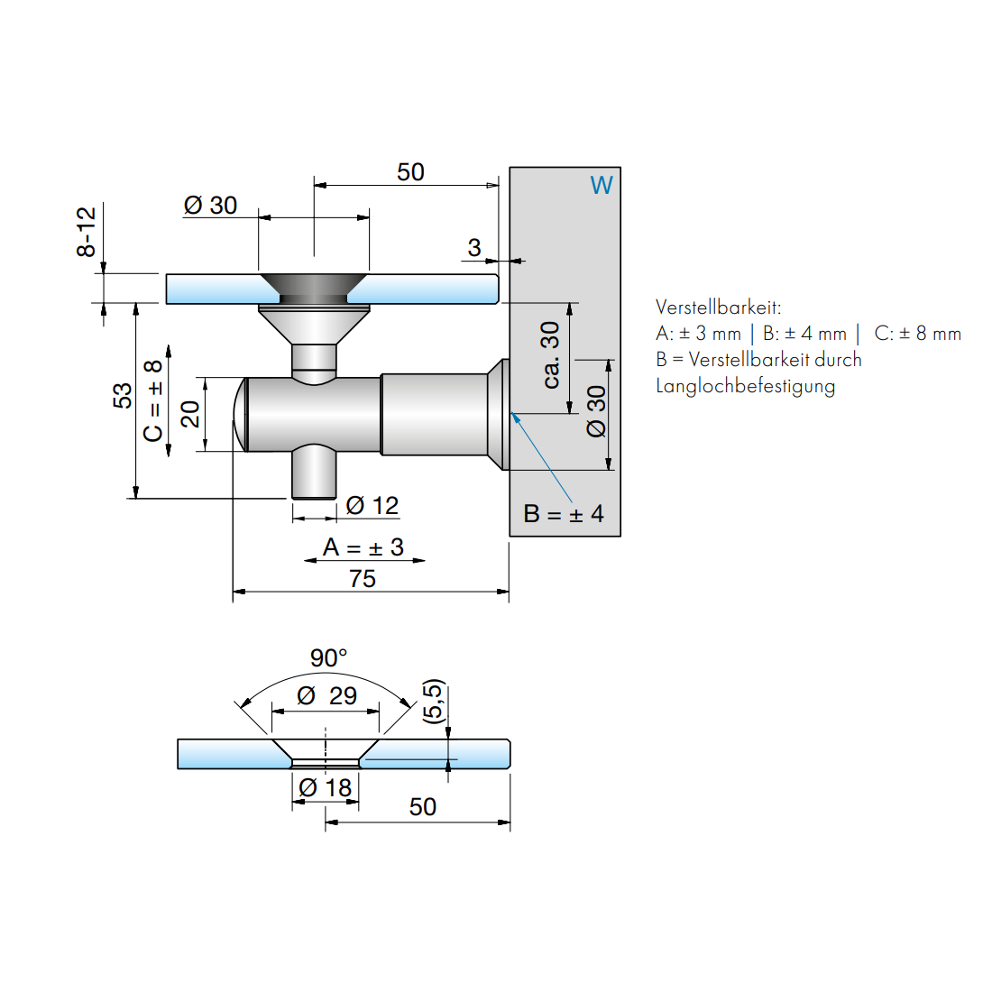 Vivere2 Glashouder Wand Montage 90°, Verzonken, Verstelbaar - 7773VA - Technische Tekening