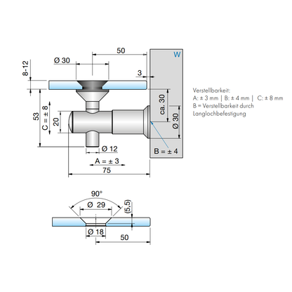 Vivere2 Glashouder Wand Montage 90°, Verzonken, Verstelbaar - 7773VA - Technische Tekening