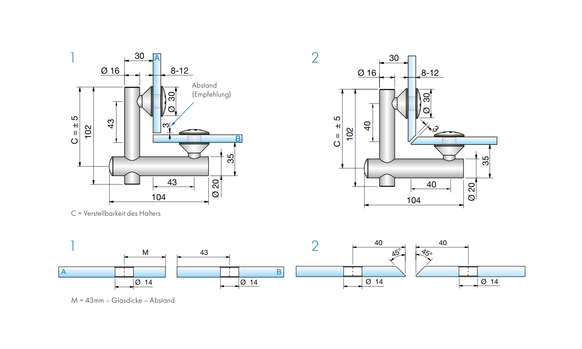 Vivere2 Hoekverbinder Glas-Glas 90°, Verhoogd - 7774VA - Technische Tekening