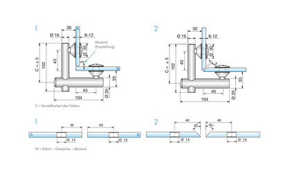 Vivere2 Hoekverbinder Glas-Glas 90°, Verhoogd - 7774VA - Technische Tekening