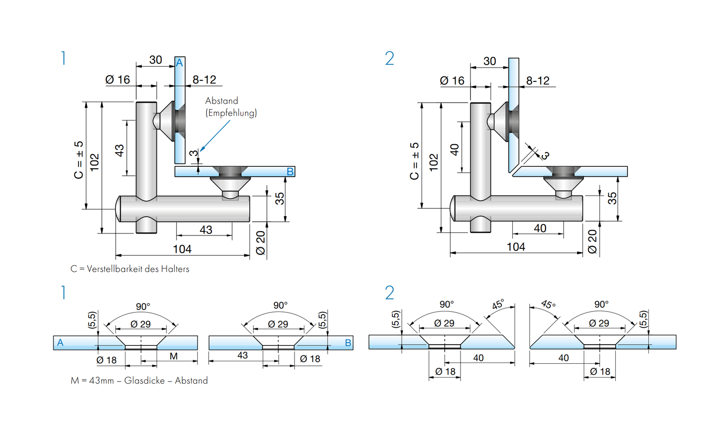 Vivere2 Hoekverbinder Glas-Glas 90°, Verzonken - 7775VA - Technische Tekening