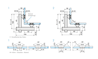 Vivere2 Hoekverbinder Glas-Glas 90°, Verzonken - 7775VA - Technische Tekening