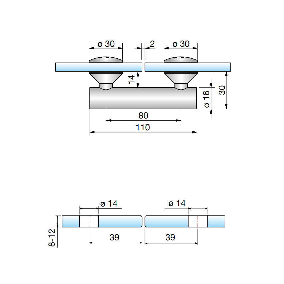 Vivere2 Glas-Glas Connector 180°, Verhoogd - 7777VA - Technische Tekening