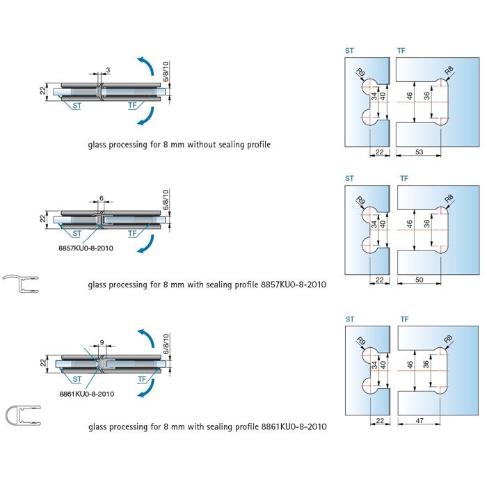 Flamea+ douchescharnier glas/glas 180° - 8132 - Technische Tekening