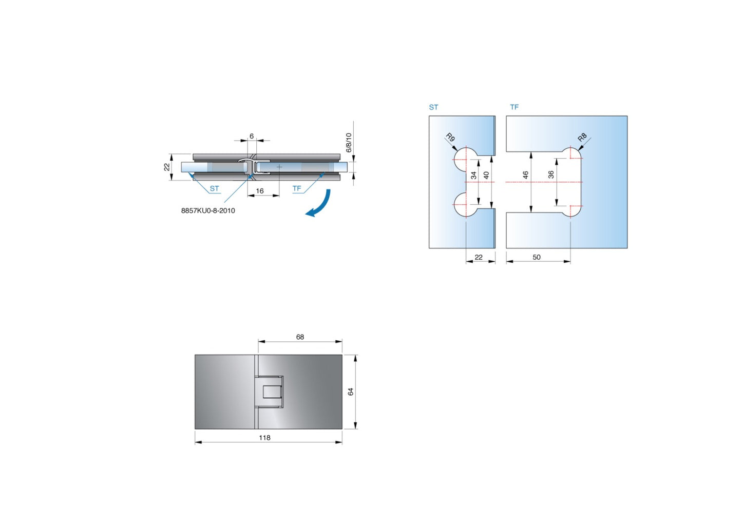 Flamea+ douchescharnier glas/glas 180° - 8132 - Technische Tekening