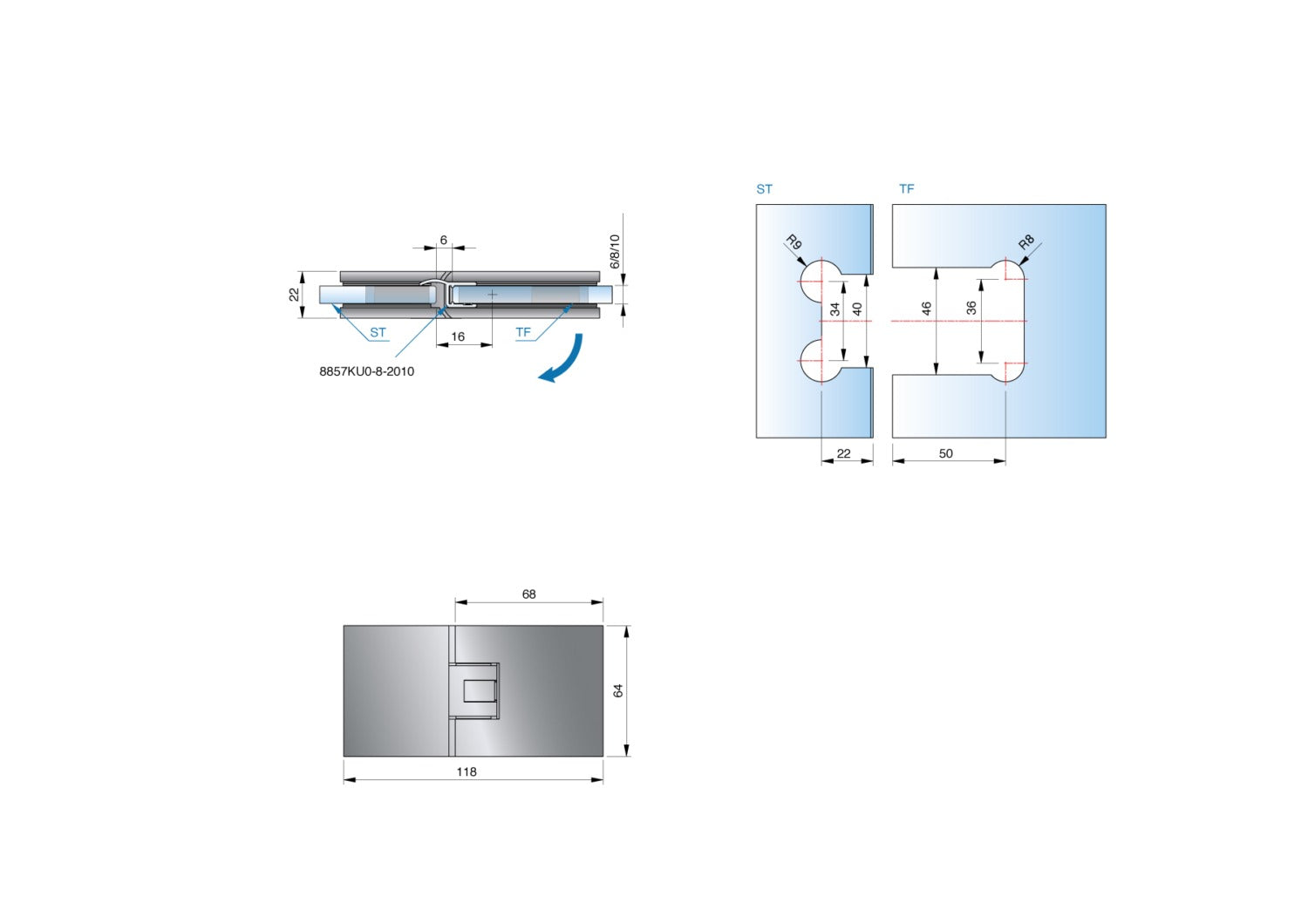 Flamea+ douchescharnier glas/glas 180° - 8132 - Technische Tekening