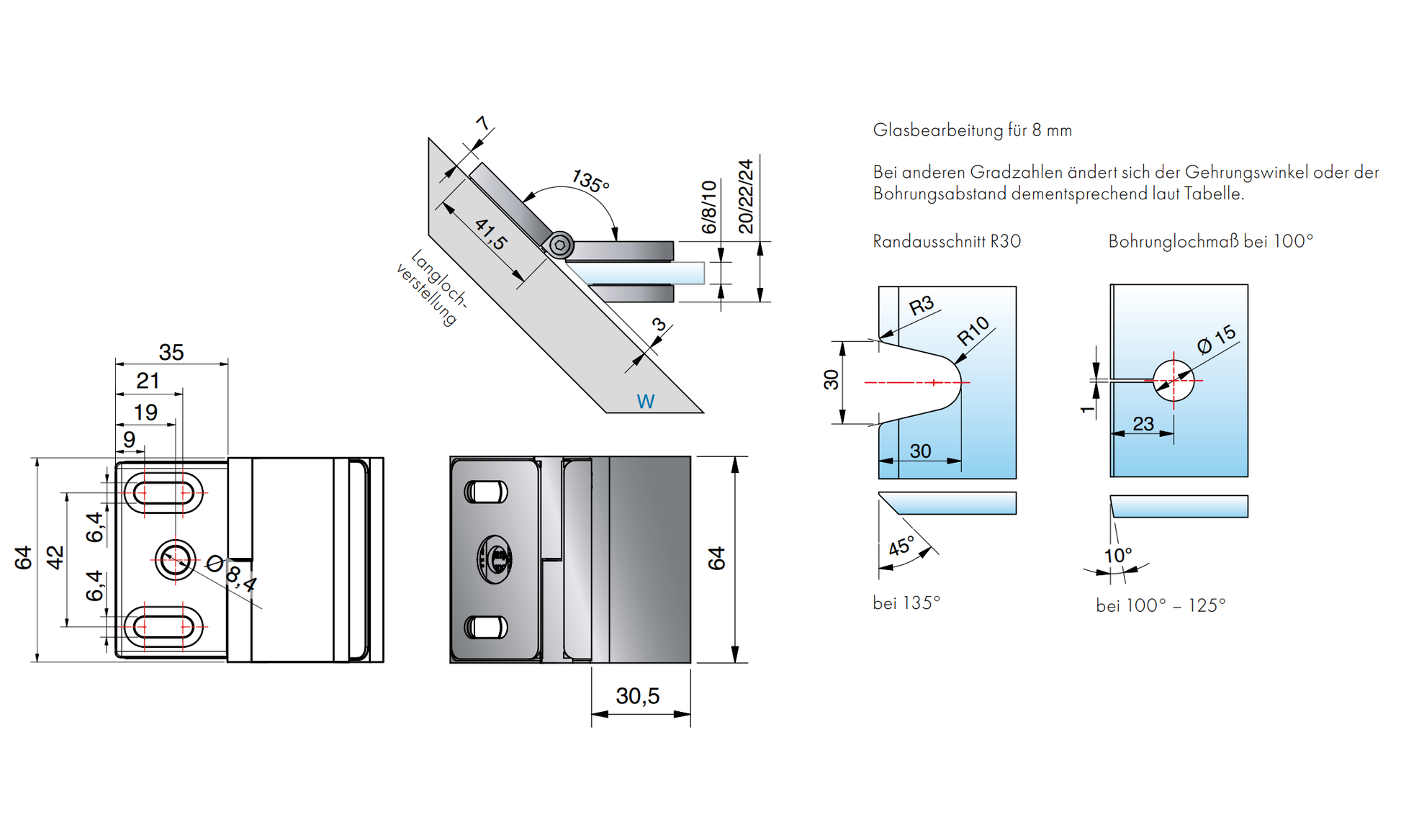 Flamea+ glasklem wand/glas 135° - 8189 - Technische Tekening