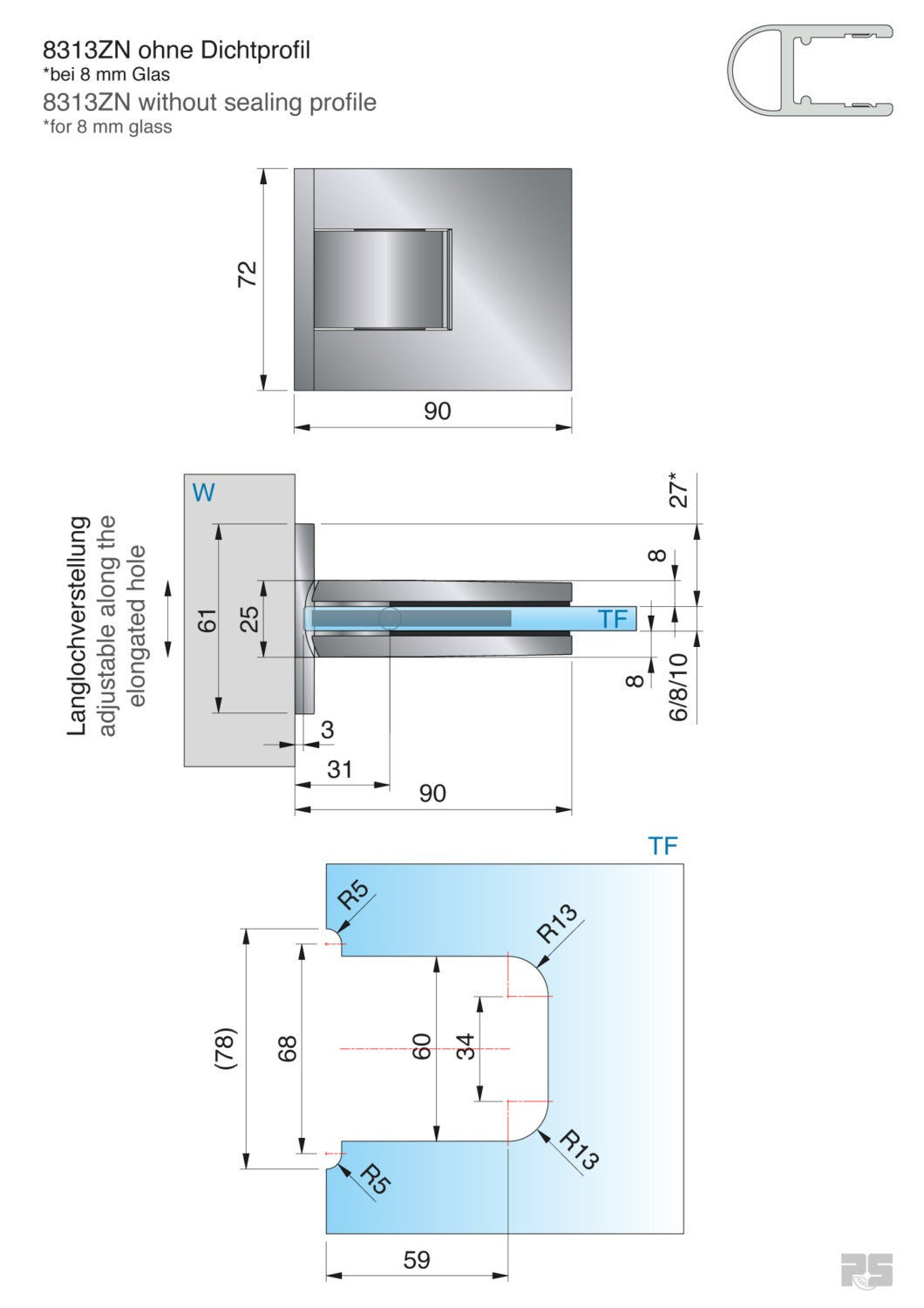 Pontere+ douchescharnier wand/glas 90° - 8313 - Technische Tekening