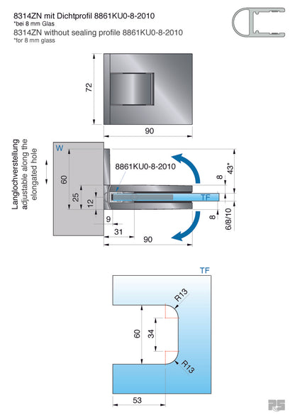 Pontere+ douchescharnier wand/glas 90° - 8314 - Technische Tekening