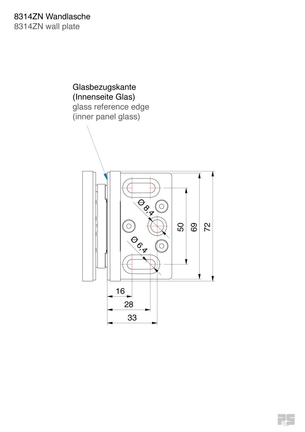Pontere+ douchescharnier wand/glas 90° - 8314 - Technische Tekening