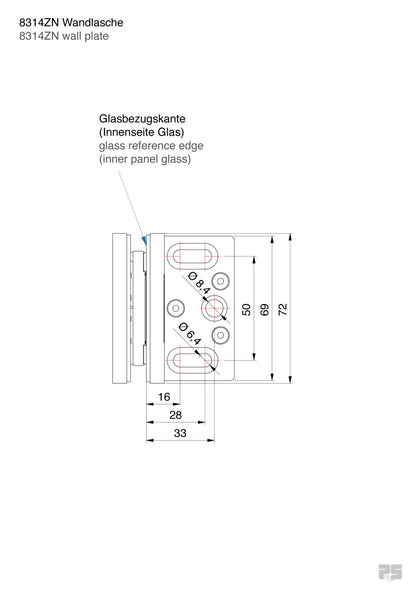 Pontere+ douchescharnier wand/glas 90° - 8314 - Technische Tekening