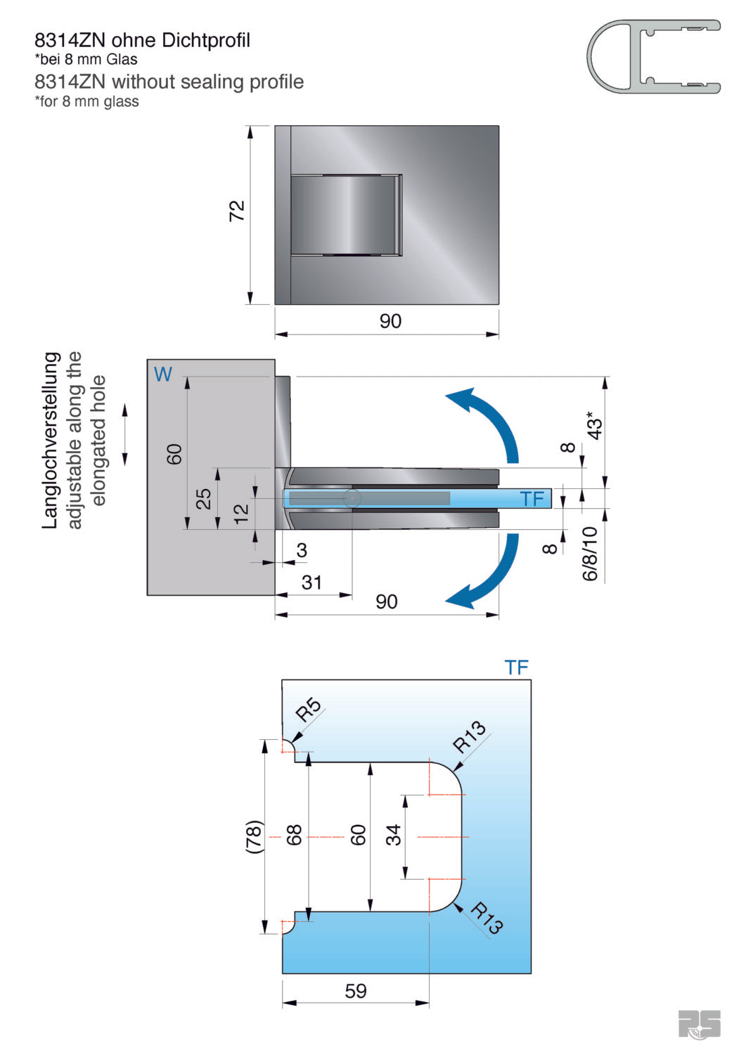 Pontere+ douchescharnier wand/glas 90° - 8314 - Technische Tekening