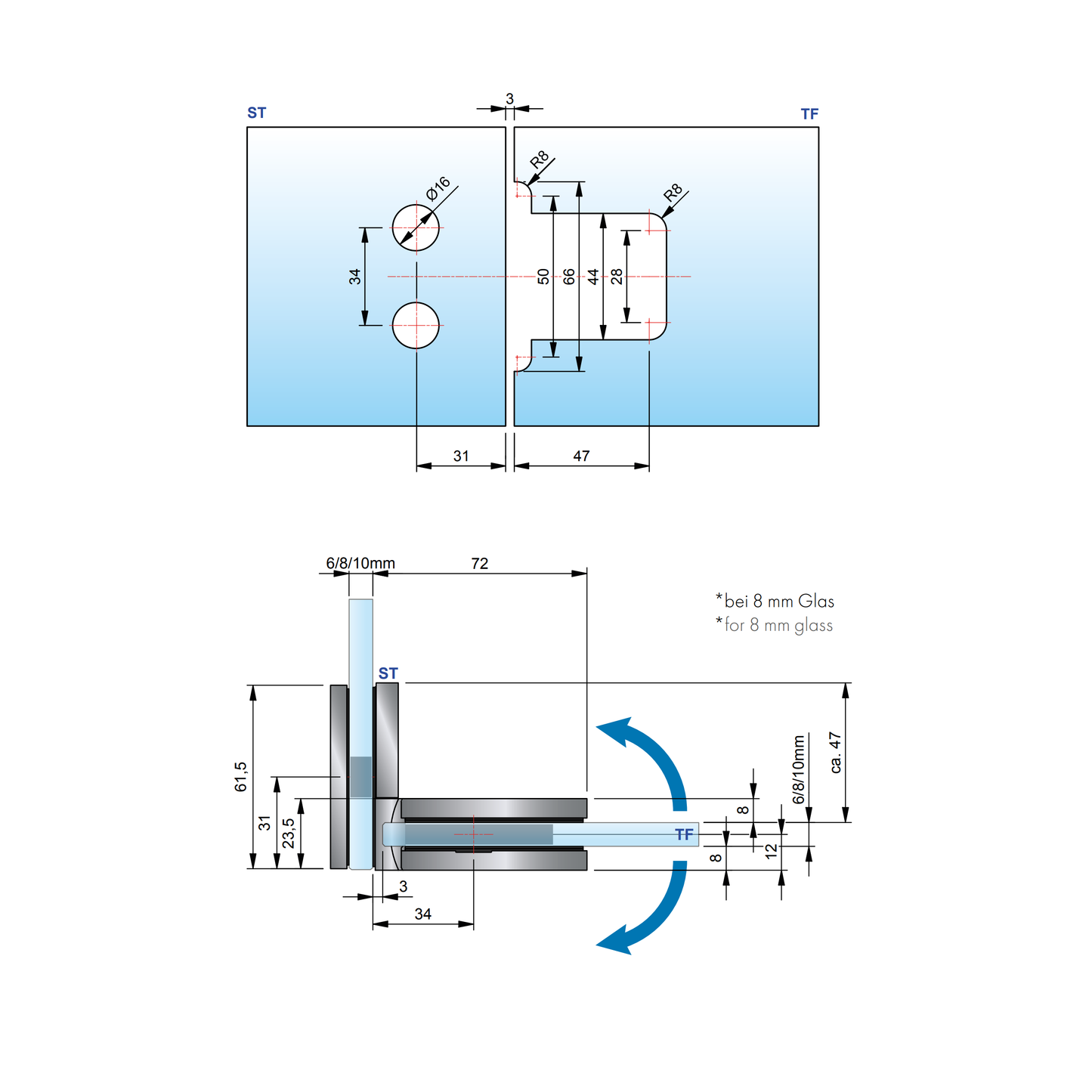 Flamea Pro Mini douchescharnier glas/glas 90° - 8334 - Technische Tekening