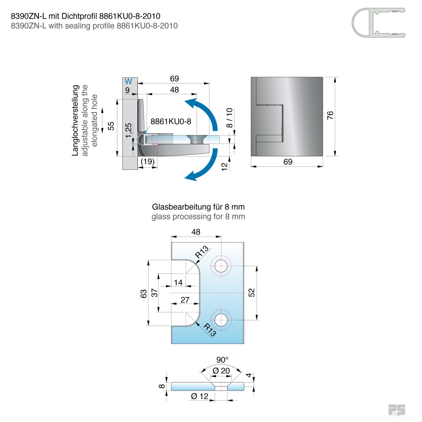 Pavone douchescharnier wand/glas 90° - 8390 - Technische Tekening