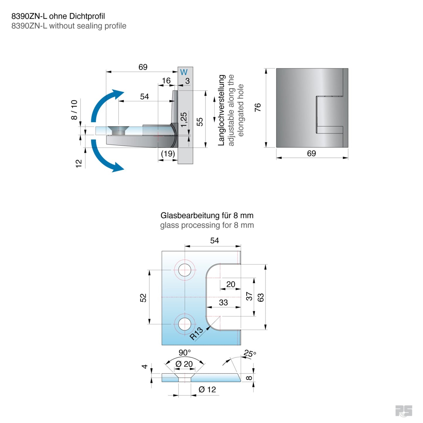 Pavone douchescharnier wand/glas 90° - 8390 - Technische Tekening