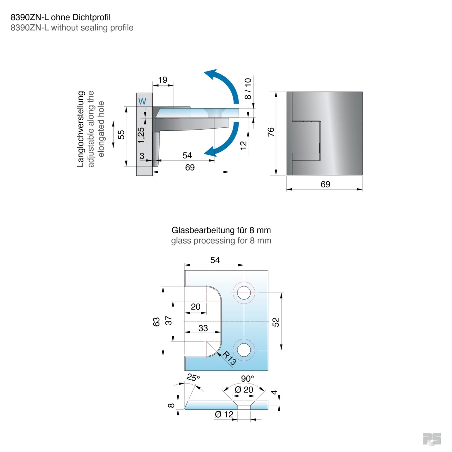 Pavone douchescharnier wand/glas 90° - 8391 - Technische Tekening
