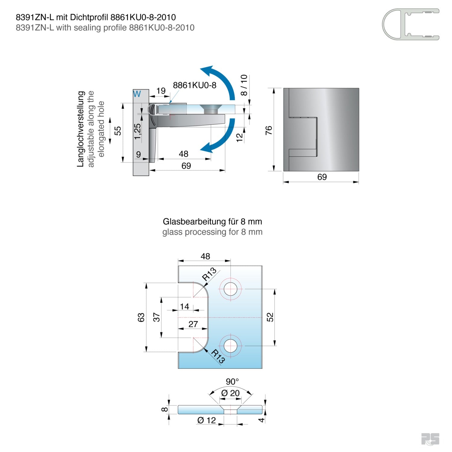Pavone douchescharnier wand/glas 90° - 8391 - Technische Tekening