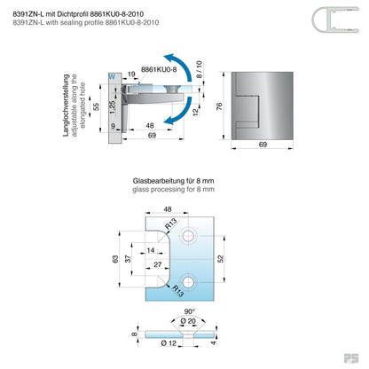 Pavone douchescharnier wand/glas 90° - 8391 - Technische Tekening