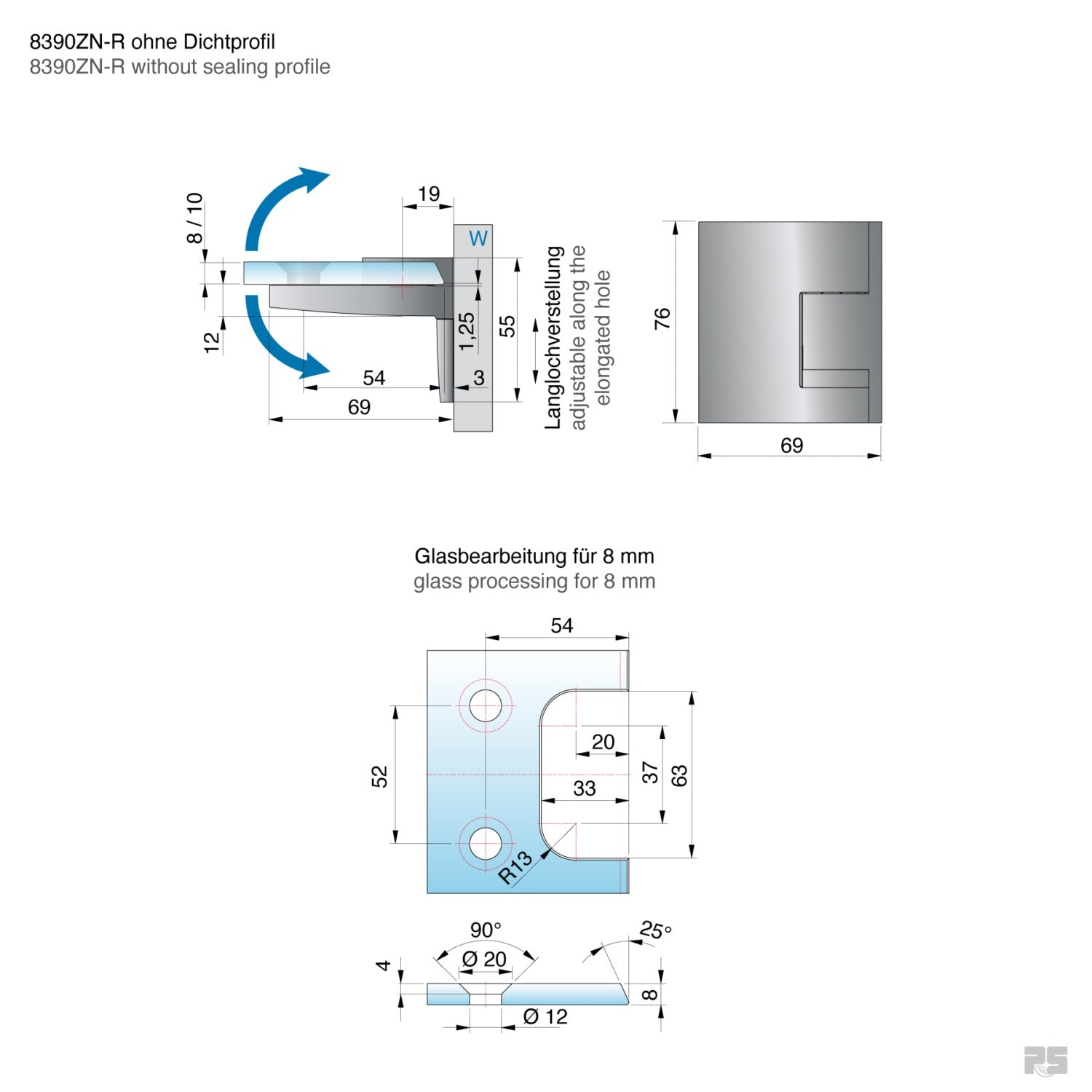 Pavone douchescharnier wand/glas 90° - 8391 - Technische Tekening