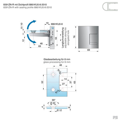 Pavone douchescharnier wand/glas 90° - 8391 - Technische Tekening