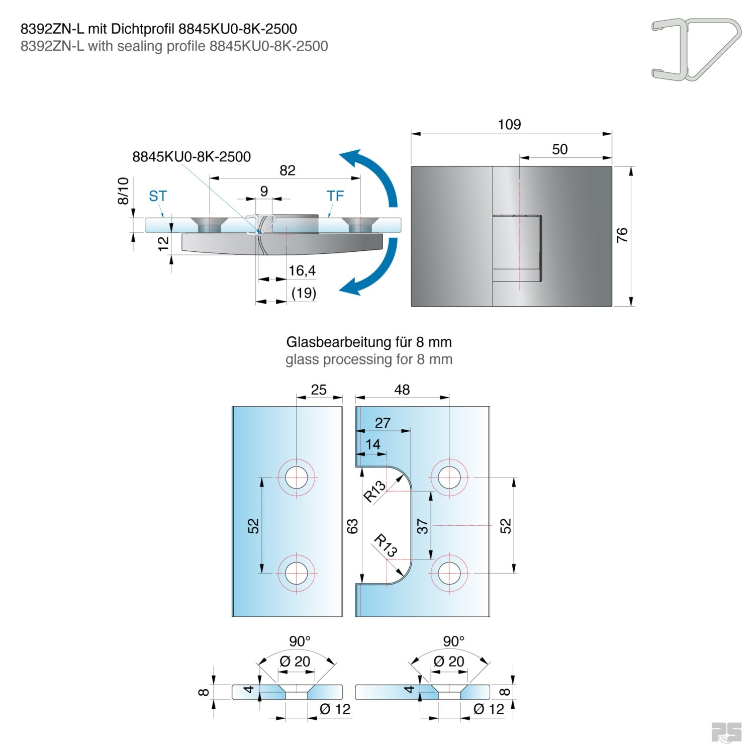 Pavone douchescharnier glas/glas 180° - 8392 - Technische Tekening