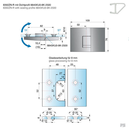 Pavone douchescharnier glas/glas 180° - 8392 - Technische Tekening
