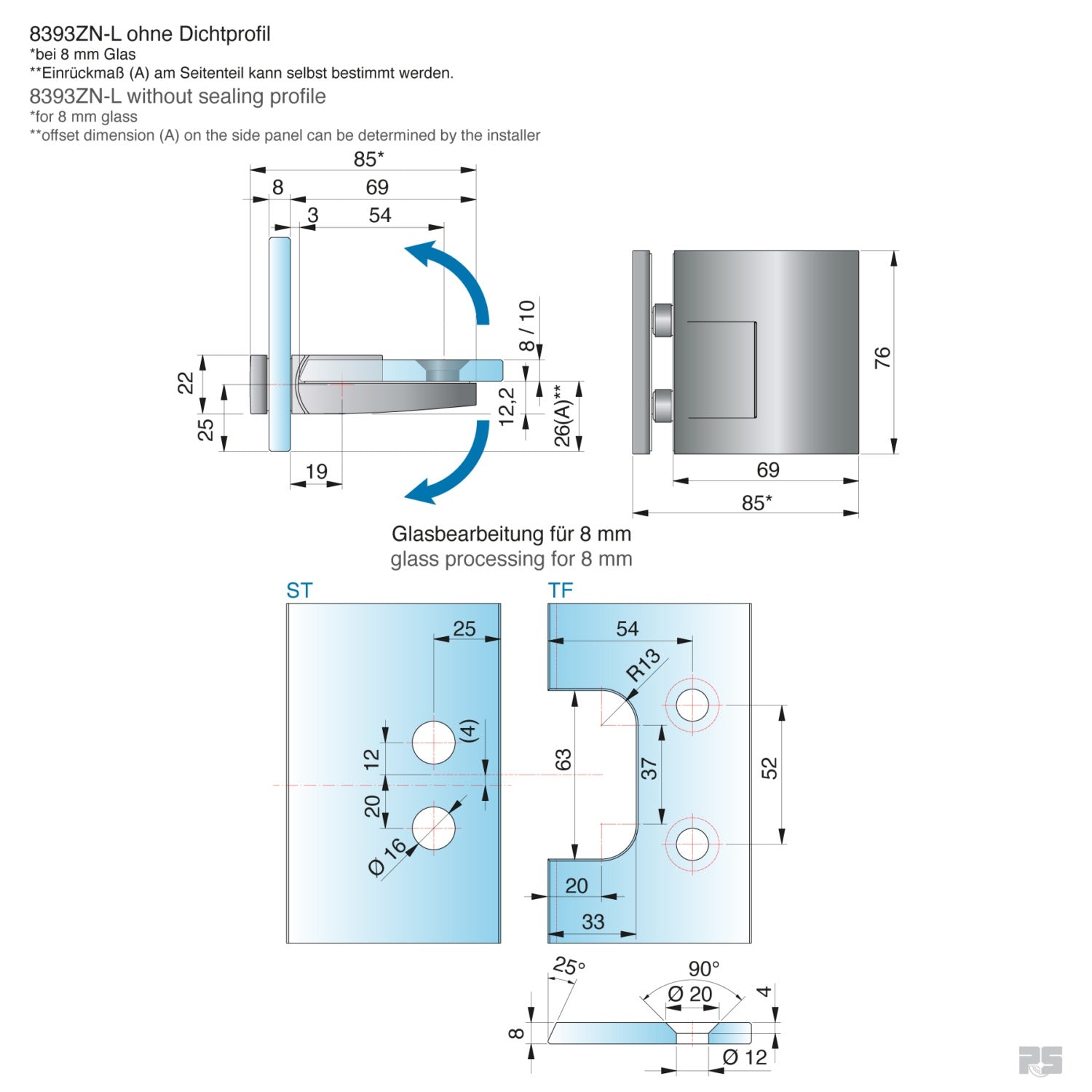 Pavone douchescharnier glas/glas 90° - 8393 - Technische Tekening