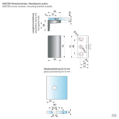 Pavone glasklem wand/glas 90° - 8397 - Technische Tekening