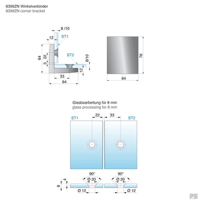 Pavone glasklem glas/glas 90° - 8399 - Technische Tekening