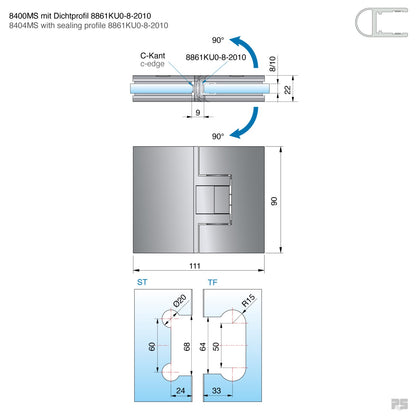 Pontere douchescharnier glas/glas 180° - 8400 - Technische Tekening