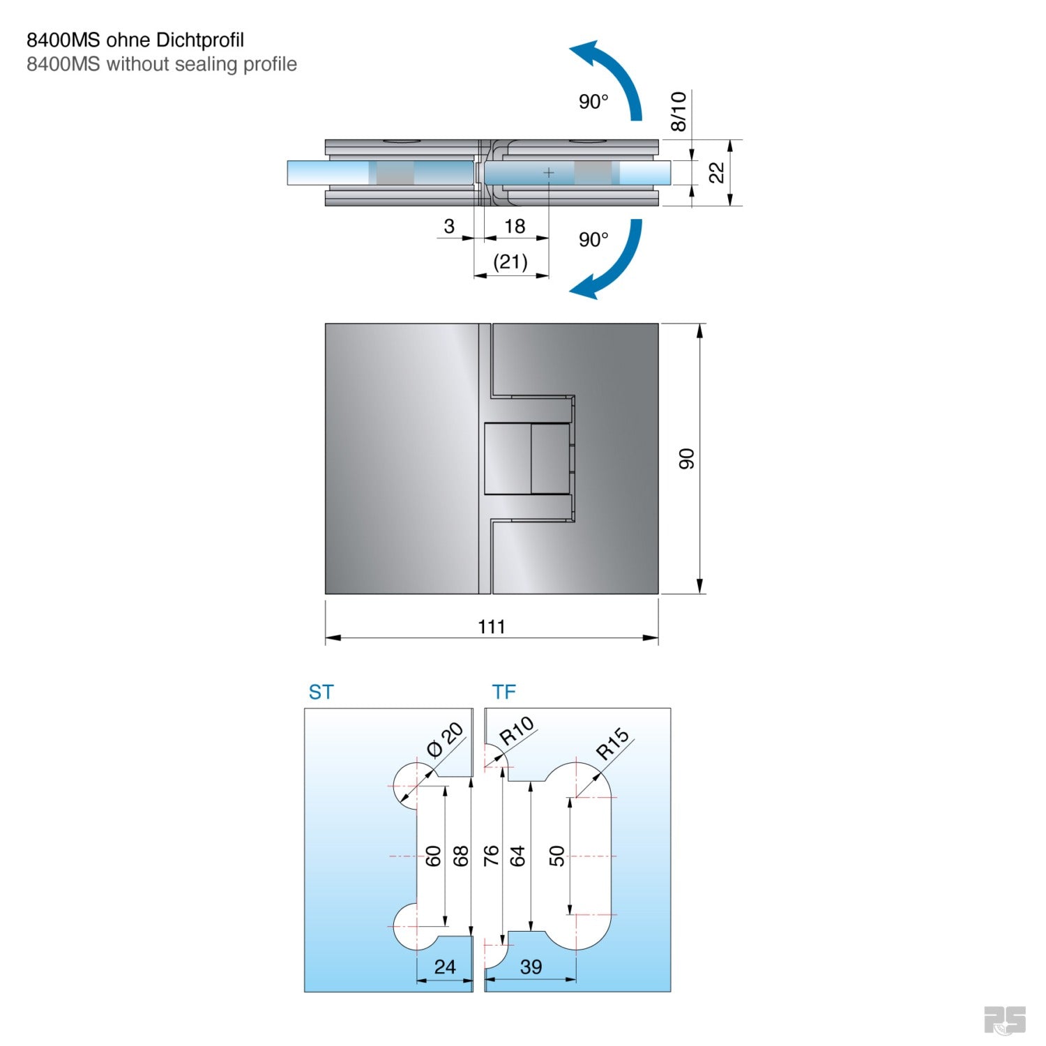 Pontere douchescharnier glas/glas 180° - 8400 - Technische Tekening