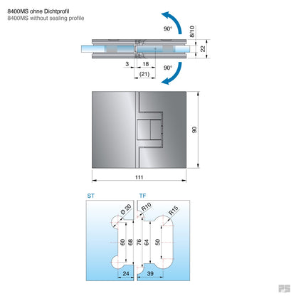 Pontere douchescharnier glas/glas 180° - 8400 - Technische Tekening