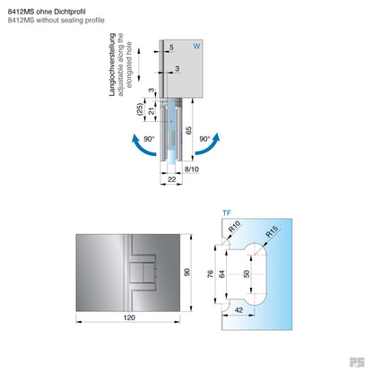 Pontere douchescharnier wand/glas 180° - 8412 - Technische Tekening