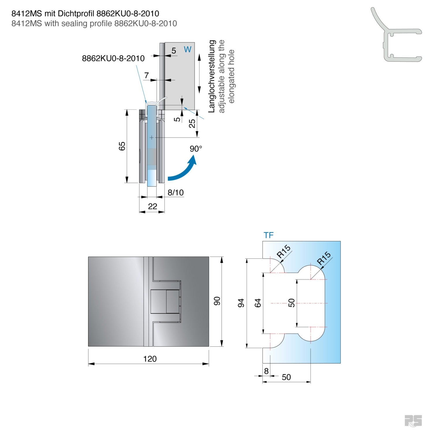 Pontere douchescharnier wand/glas 180° - 8412 - Technische Tekening