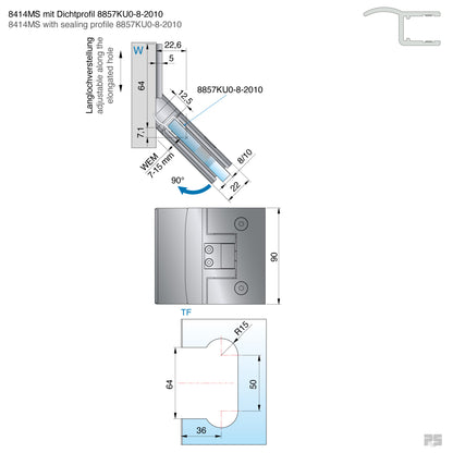 Pontere douchescharnier wand/glas 135° - 8414 - Technische Tekening
