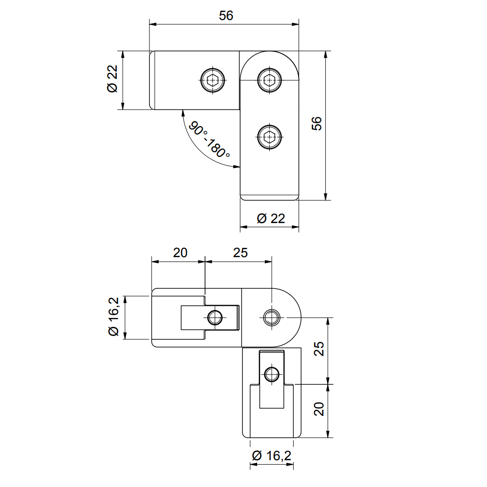 Hoekverbinder 90° verstelbaar - 8744 EV - Technische Tekening