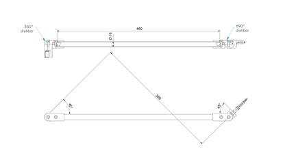 Stabilisatiestang set glas-wand 45° 460 mm - 8746 - Technische Tekening