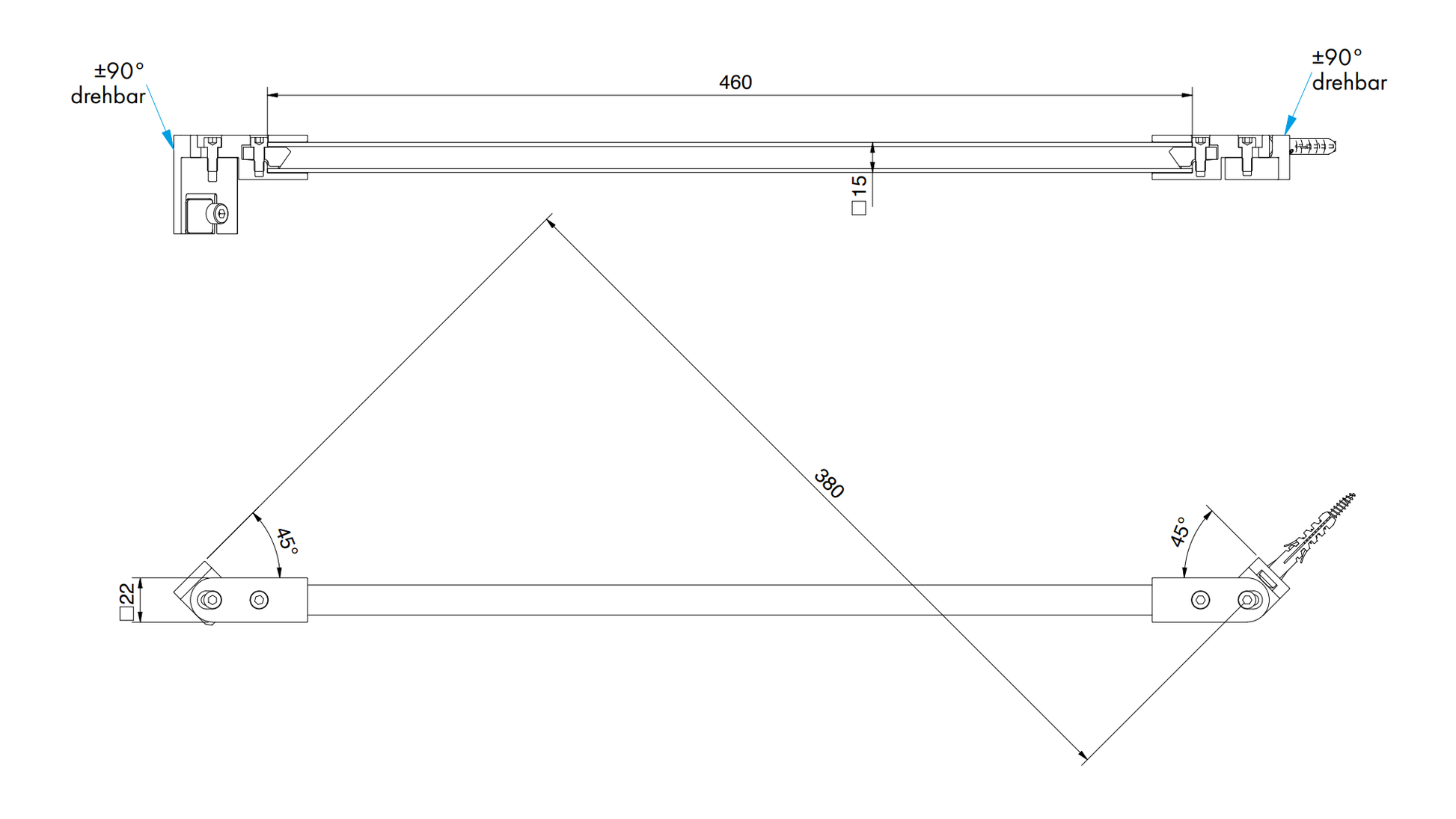 Stabilisatiestang set glas-wand 45° 460 mm - 8796 - Technische Tekening