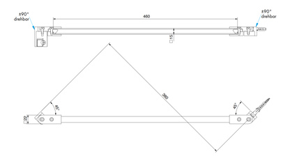 Stabilisatiestang set glas-wand 45° 460 mm - 8796 - Technische Tekening