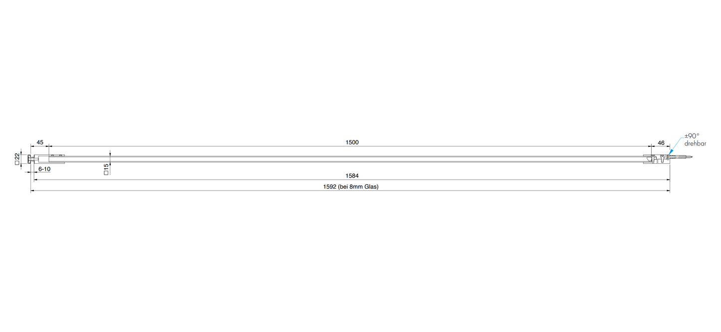 Stabilisatiestang set glas-wand 1500 mm - 8798 - Technische Tekening