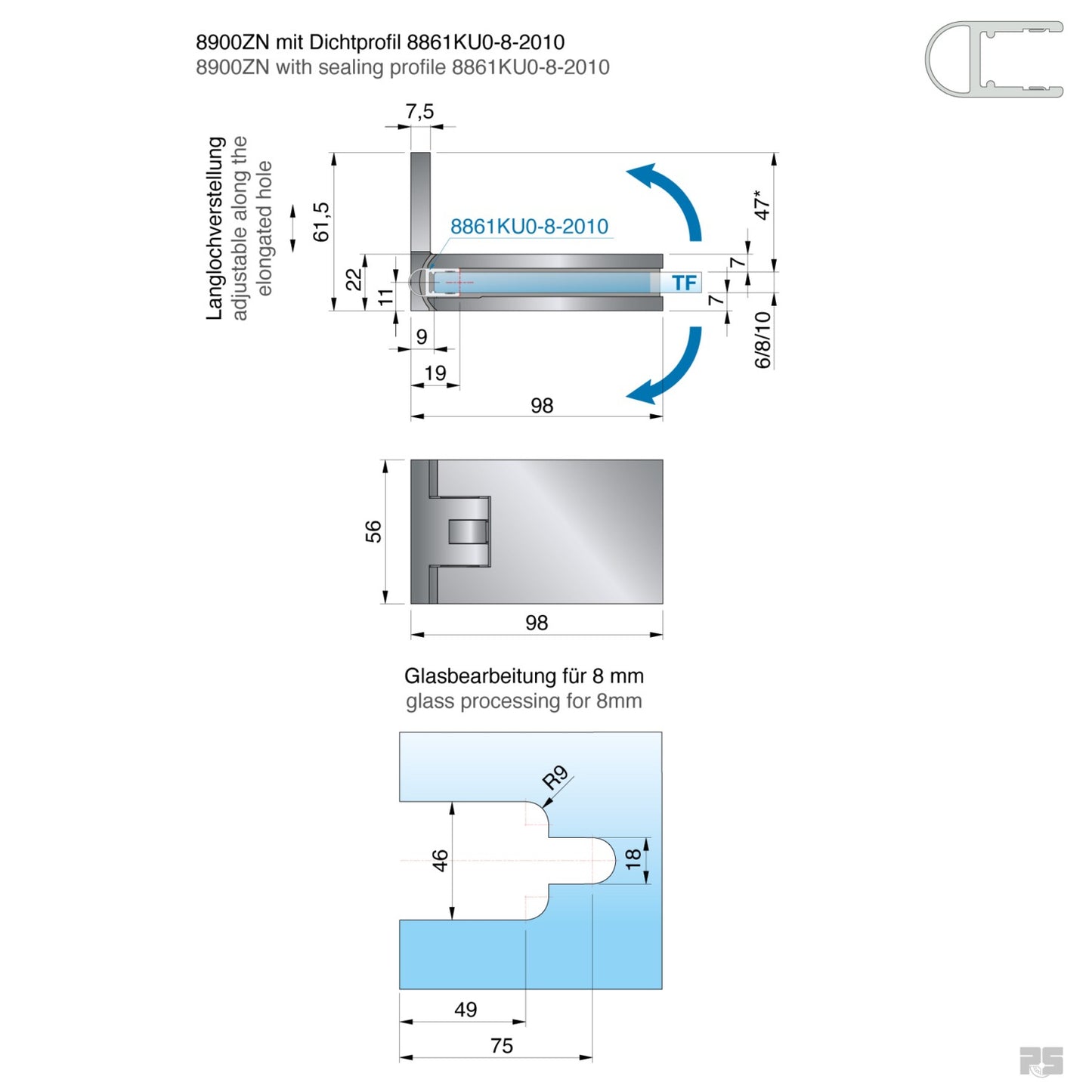 Fardello douchescharnier wand/glas 90° - 8900 - Technische Tekening