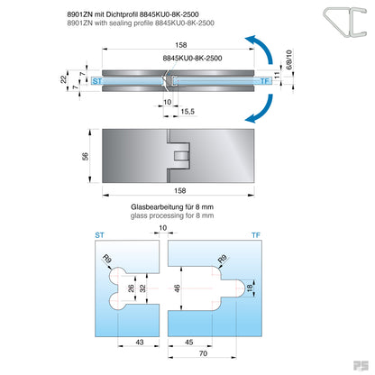 Fardello douchescharnier glas/glas 180° - 8901 - Technische Tekening
