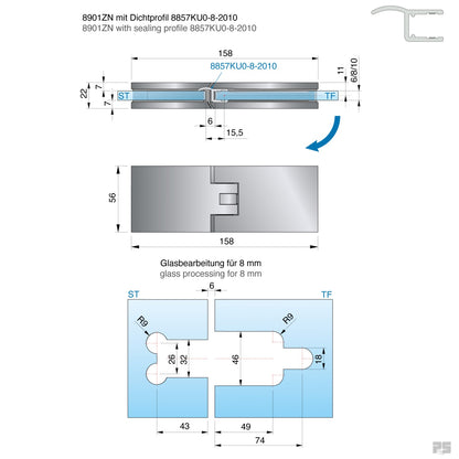 Fardello douchescharnier glas/glas 180° - 8901 - Technische Tekening